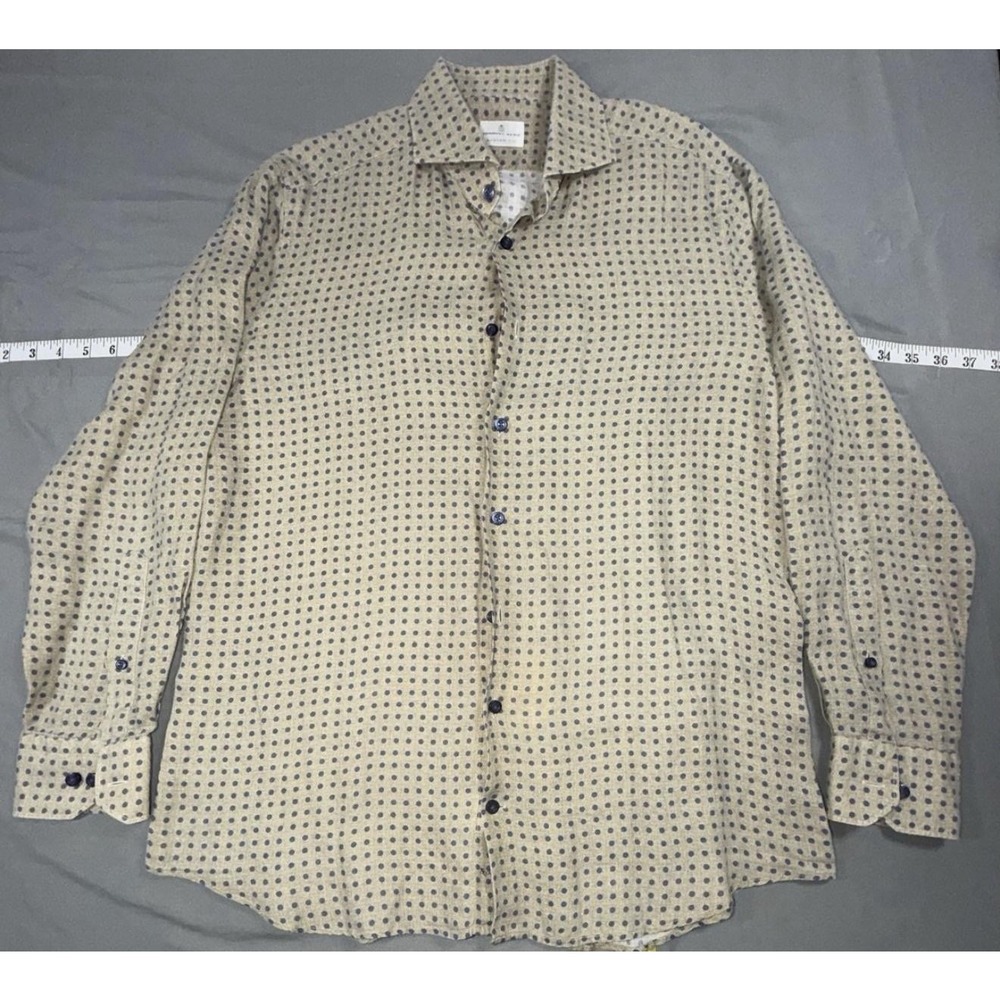 Emanuel Berg Shirt Mens L Beige Linen Polka Dot Long Sleeve Button Up Casual